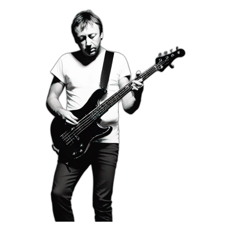 photo realistic, full body, Peter Hook from Joy Division, in 1979, playing, Yamaha black bass guitar, standing up, front view sticker