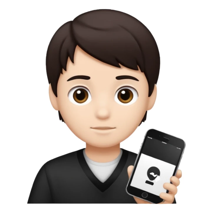 Dark brown hair, black and white color and is a boy sticker