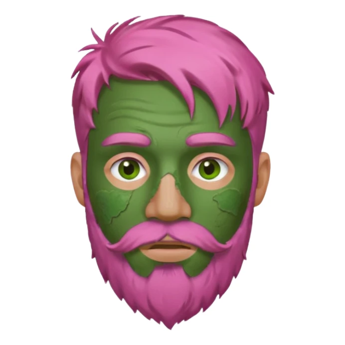 pink haired man with full full face dirty messy green clay mask and beard sticker