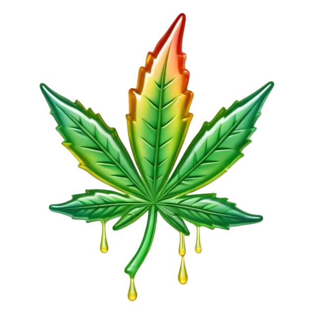 colorful shiny gusher gummy shaped like a cannabis leaf with dripping liquid effect sticker