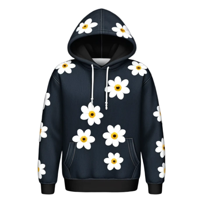 The BLACK Denim Tears Hoodie features a black base with distinctive white open flower spots with empty space in the middle, These hollow ring-like patterns are scattered across. sticker
