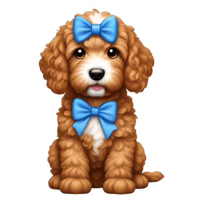 Red goldendoodle puppy white nose and chest blue bow on head sticker