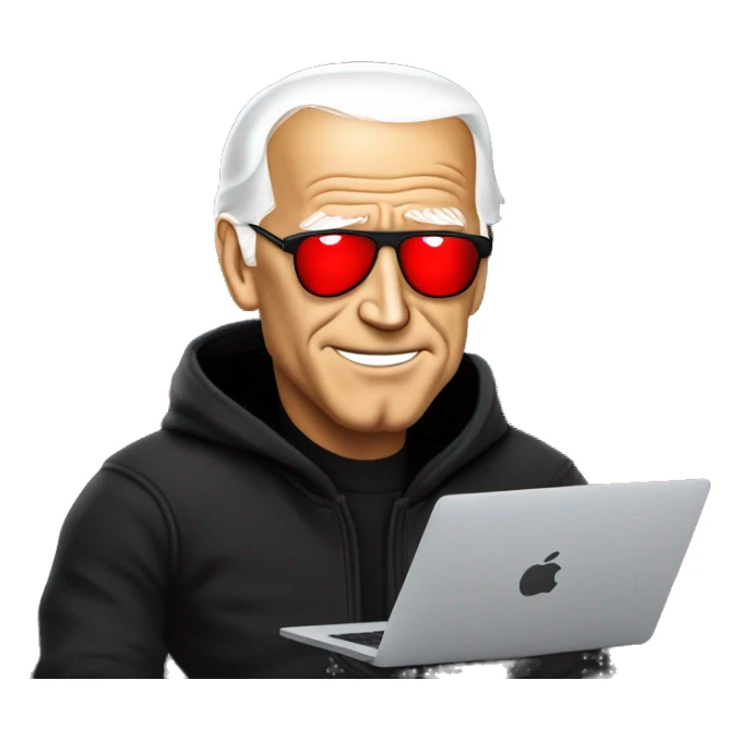joe biden in a black hoodie with bright red glowing laser eyes typing on a macbook, joe biden sticker
