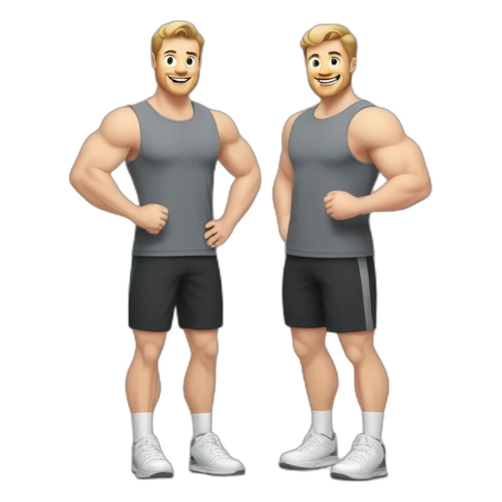 Full height Actively gesturing with hands Pale skinned Fit Man With the biceps and light brown hair with Bristle in dark gray Sleeveless Mike, black oversize sports shorts and white Sneakers sticker