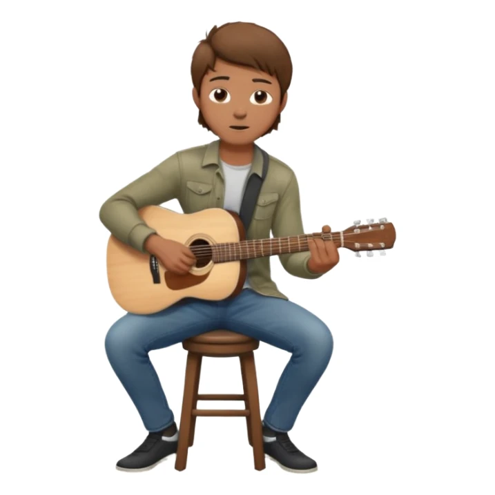Young man – sitting on stool, casual clothes, playing acoustic guitar, focused expression.
 sticker