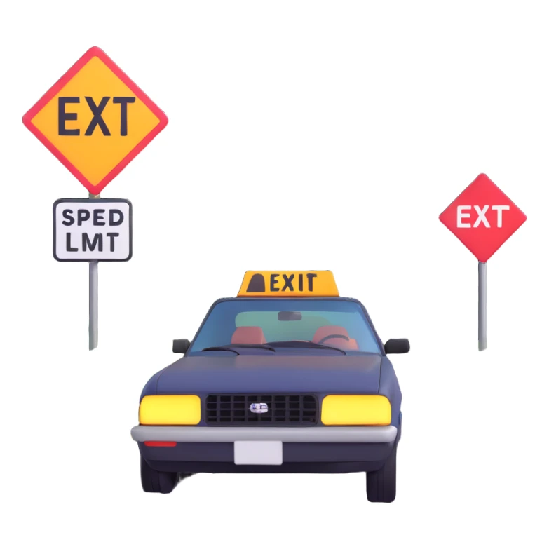 Bandit-style car speeding down highway with multiple road signs speed limit exit visible sticker