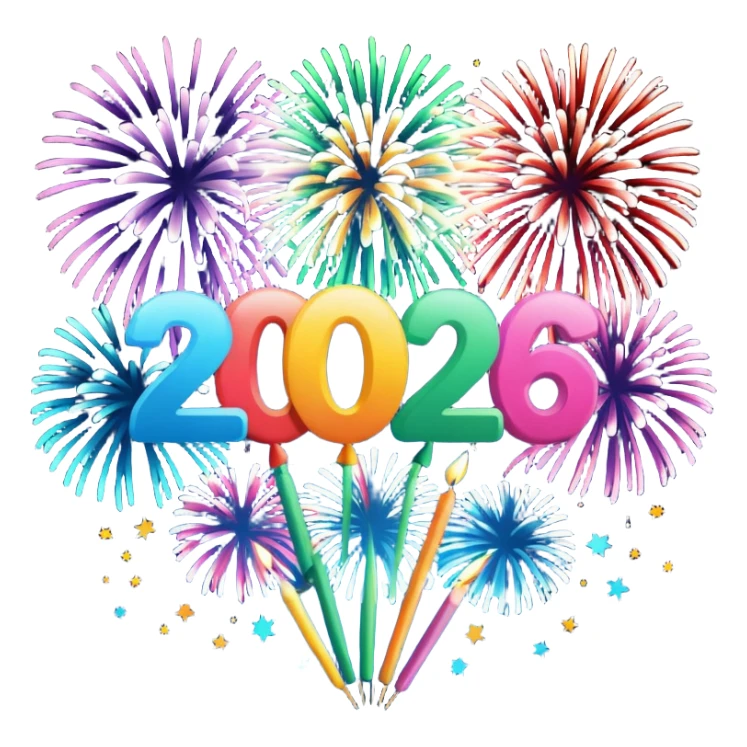"Happy New Year 2026" in backdrop of colourful fireworks in outline  sticker