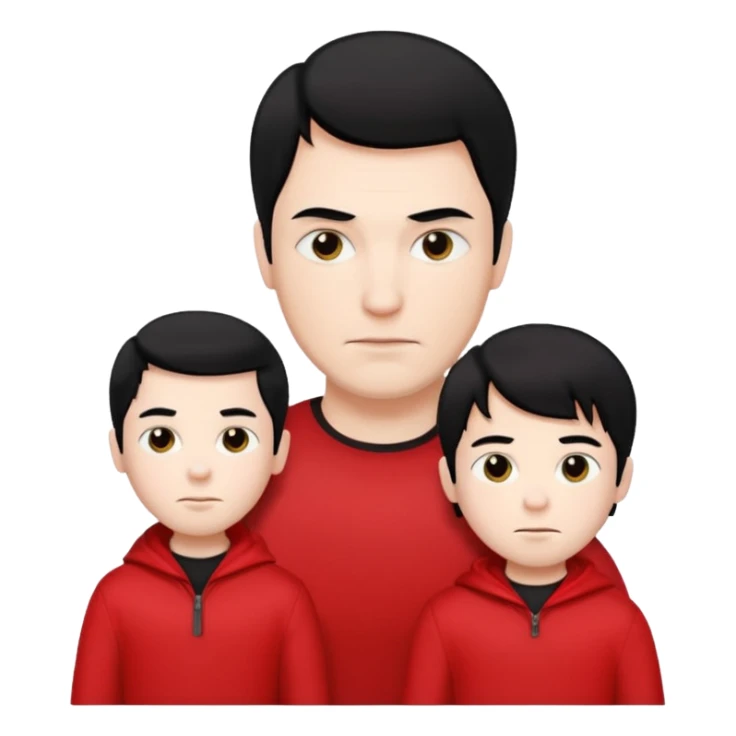 make a father and a son. both with straight black hair. both have white skin. they have to be wearing black and red clothes. there are only two people. sticker