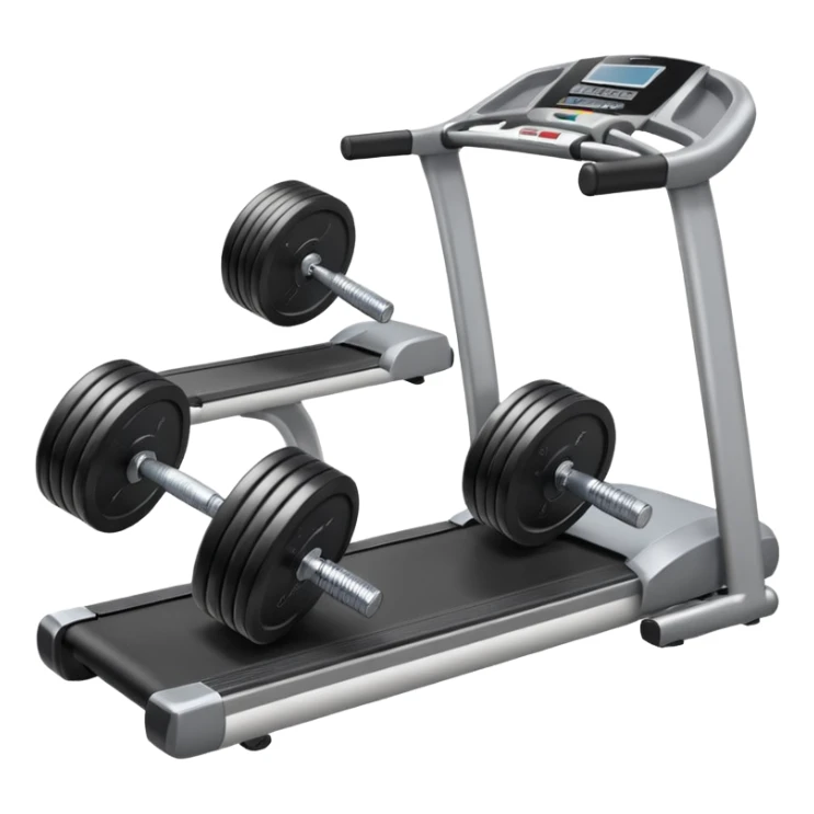 Two heavy dumbbells side by side on the floor in front of a treadmill sticker