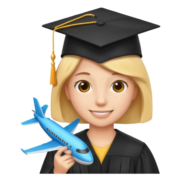 emoji student at university with graduation cap and airplane, happy, white background, sticker