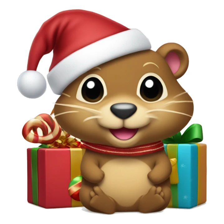 “Create an emoji of a cheerful gopher like Goldy the Gopher from the University of Minnesota, wearing a festive Christmas hat and scarf, surrounded by ornaments, candy canes, and wrapped presents in a colorful holiday theme.” sticker