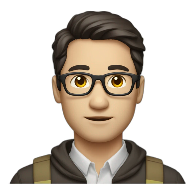 male engineer with white skin, dark brown straight hair spreaded from middle, brown eyes, circular glasses sticker