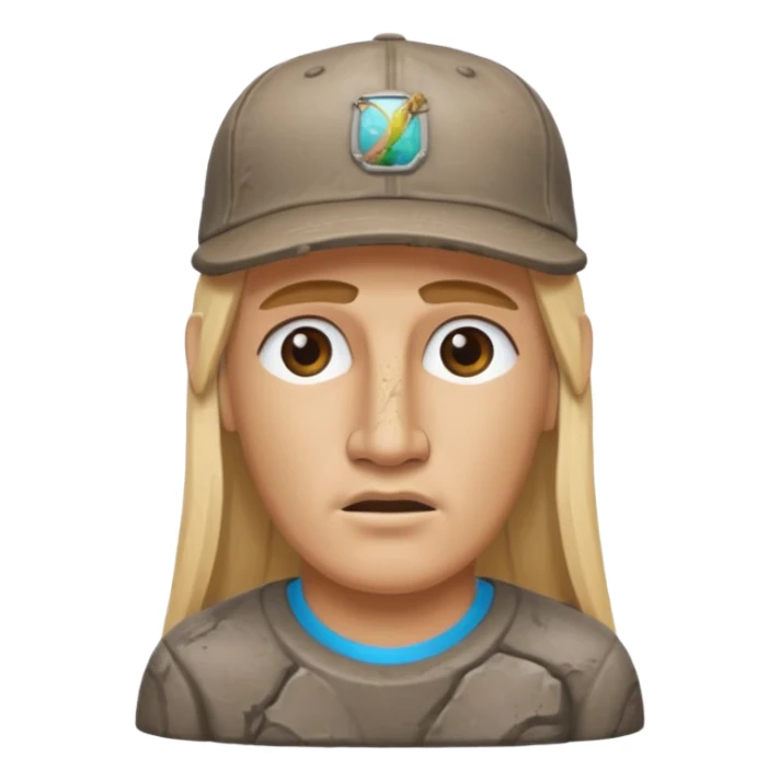 Easter island head rock with long blonde hair and a backwards baseball cap sticker