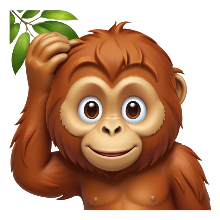 Cinematic Cute Orangutan Portrait Emoji, Head tilted playfully and inquisitively, with a gentle, expressive face accented by soft, flowing fur and round, sparkling eyes brimming with warmth, Simplified yet irresistibly adorable features, highly detailed, glowing with a warm, friendly glow, high shine, affectionate and lively, stylized with a touch of jungle whimsy, bright and endearing, soft glowing outline, capturing the essence of a mischievous yet loving orangutan that seems as if it could swing out of the screen into your arms! sticker