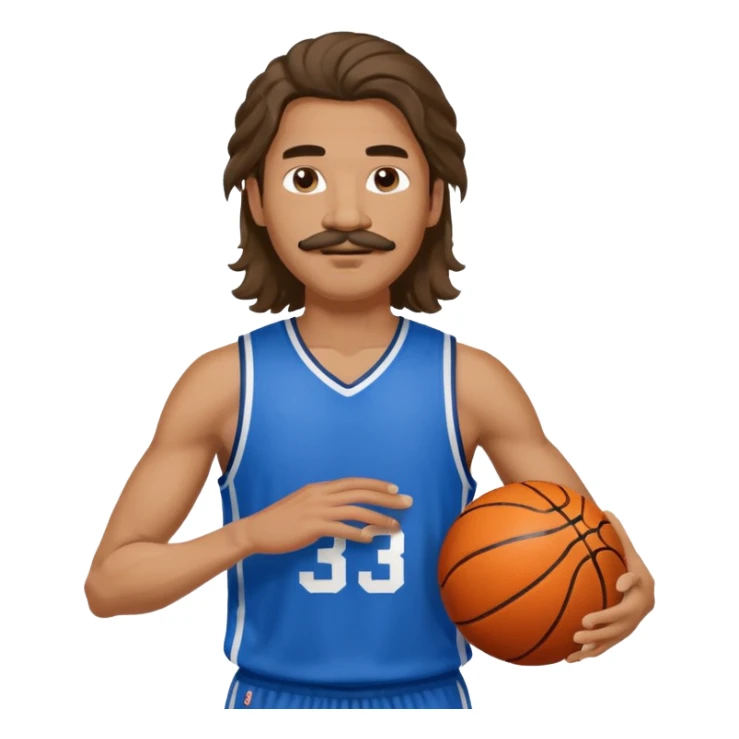 long haired man basketball player blue jersey with mustache holding basket ball sticker