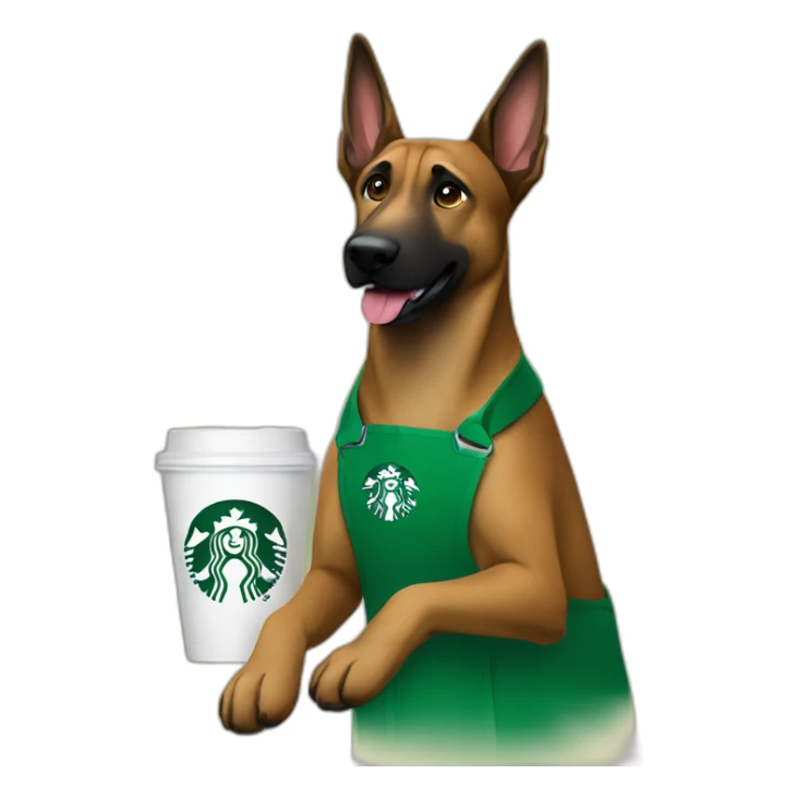 Malinois dog working at Starbucks with green apron sticker