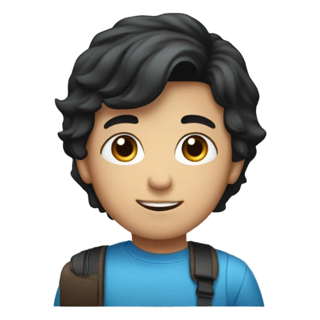 A kid that’s a boy that is wearing a blue shirt with a blue computer on the desk and has black hair with dark brown eyes sticker