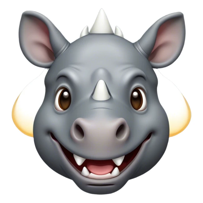 Cinematic Comical Rhinoceros Portrait Emoji, Head tilted dramatically with an exaggeratedly amused expression, featuring a striking, glossy slate-gray hide with a boldly textured white horn, wide, expressive eyes filled with playful disbelief, Simplified yet hilariously expressive features, highly detailed, glowing with a slightly sassy glow, high shine, dramatic yet playful, stylized with an air of cheeky wild mischief, bright and endearing, soft glowing outline, capturing the essence of a spirited and over-the-top rhinoceros, so meme-worthy it feels like it could charge its way into internet fame instantly! sticker