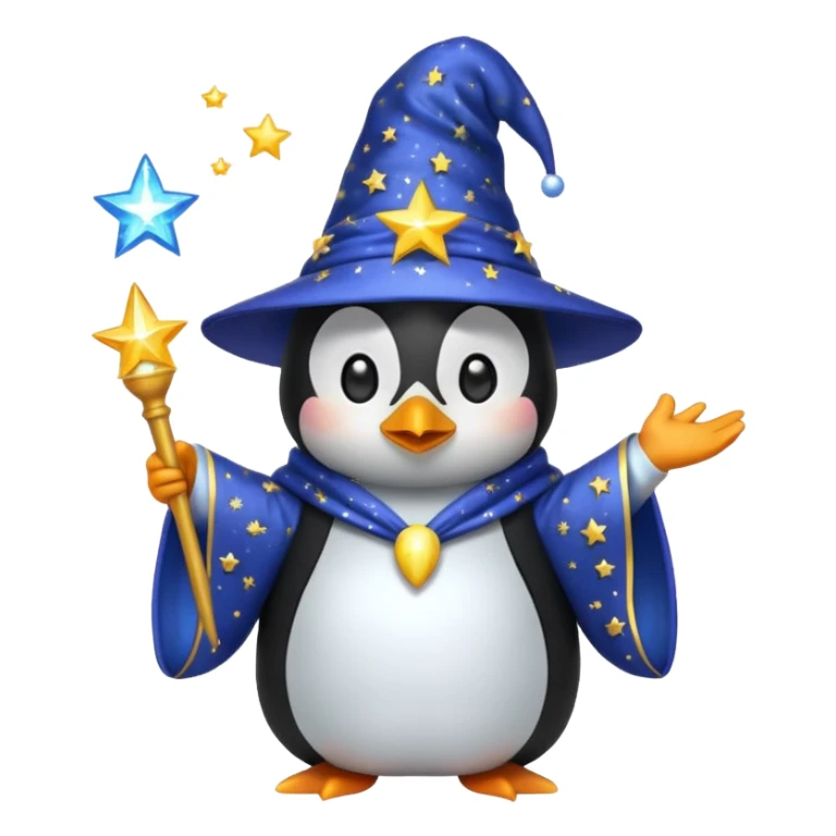 penguin wizard casting a sparkling spell wearing a starry robe and hat, emoji style sticker