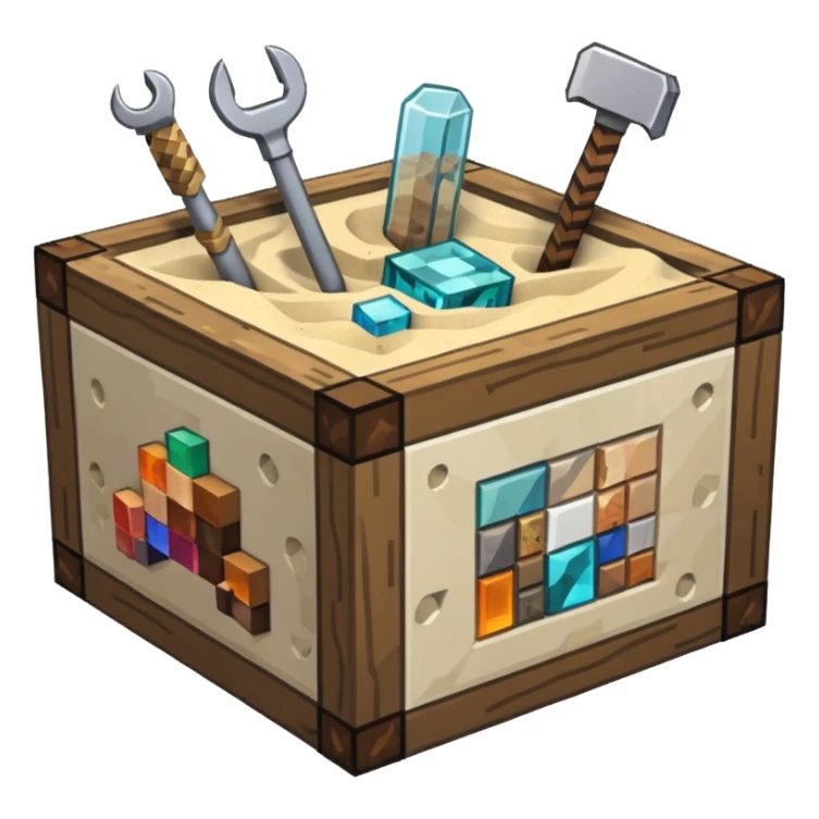 minecraft crafting tabme with tools, stone, wood, glass, sand, ... in a minecraft cube crafting table sticker