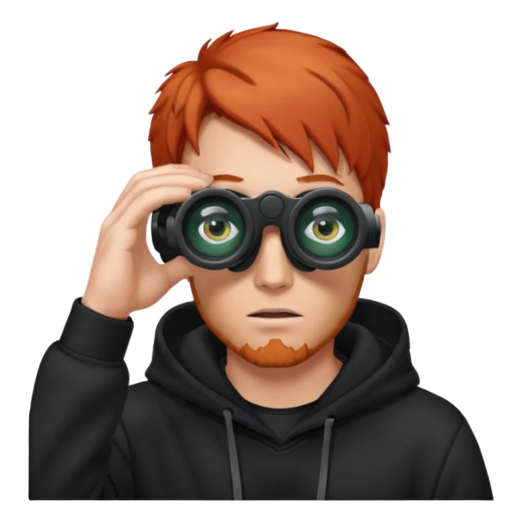 A red-haired man in a black hoodie looks through binoculars. sticker