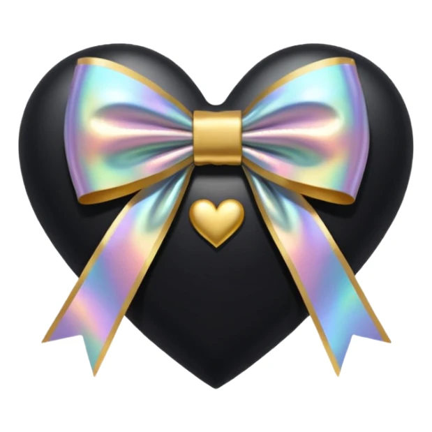 holographic black heart with a gold bow and heart pattern on the bow sticker
