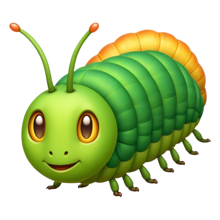 Cinematic Noble Caterpillar Portrait Emoji, Poised and vibrant, with a segmented, gently curving body adorned in bright, lively hues and delicate, inquisitive eyes, Simplified yet charmingly detailed features, highly detailed, glowing with a soft, verdant radiance, high shine, intelligent and resilient, stylized with an air of natural transformation, focused and curious, soft glowing outline, capturing the essence of a watchful caterpillar that appears ready to inch out of the screen with gentle determination! sticker