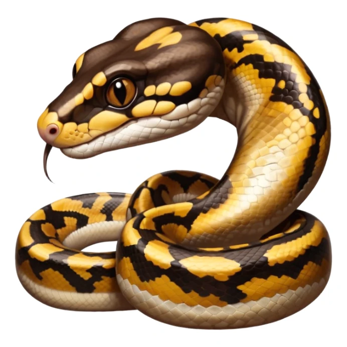 A photo-realistic digital illustration of a Ball Python, large headshot portrait. The snake has a short, rounded snout and smooth, soft contours, with a gentle, inquisitive expression that gives it a slightly playful charm. Its head is warm brown with bold, irregular dark markings. sticker