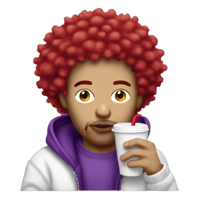 white skin rapper with red fluffy hair  sipping purple drink in white cup sticker