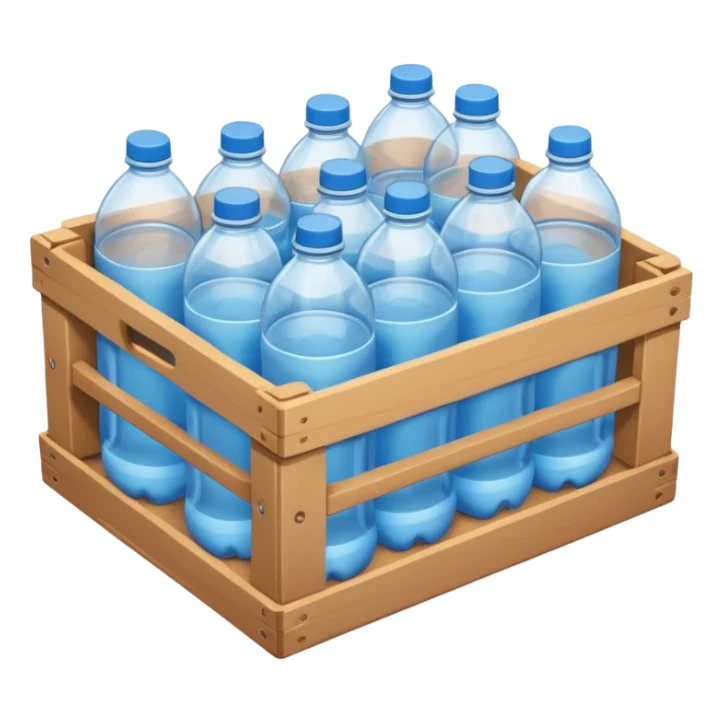 A 3D cartoon crate filled with water bottles, neatly arranged, bright industrial background, smooth reflections, realistic Memoji-style. sticker