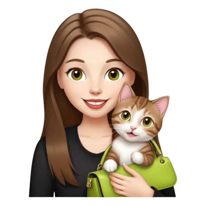 White Woman with VERY long straight brown hair, rosy lips and cheeks, big chartreuse eyes, cute happy big smile holding a white and brown tabby kitten, wearing a black purse sticker