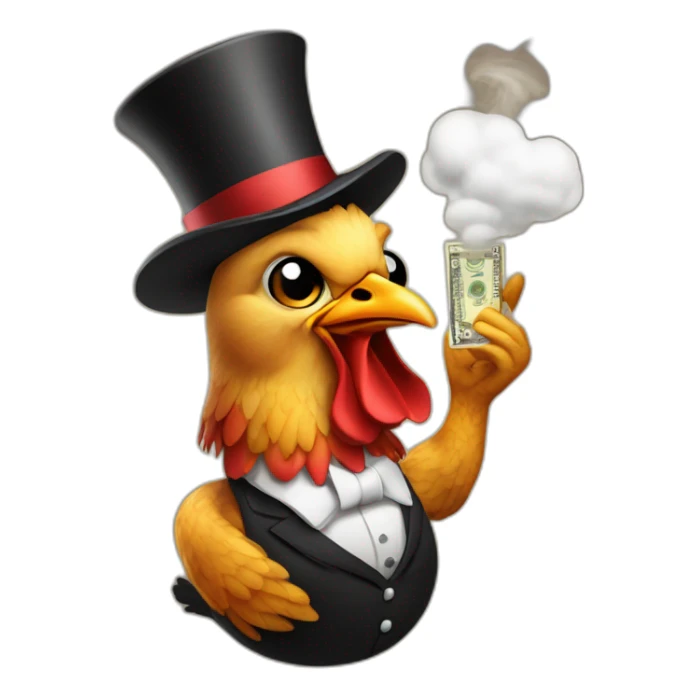 chicken with top hat and a money bag smoking a cigar sticker