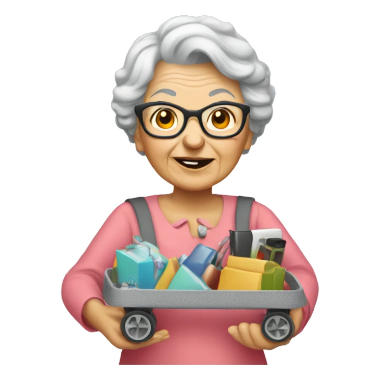 Granny pushing a cart full of hight tech devices sticker