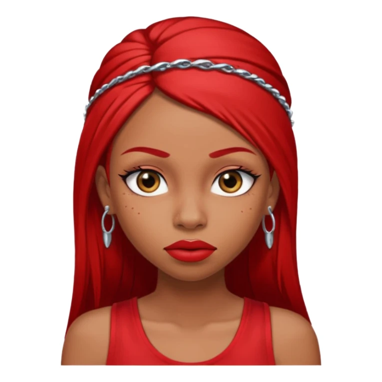 light-skinned black girl with very long eyelashes with long strait dark brown hair with edges wearing a red top with no sleeves. and a red accessory on her head with nose and mouth piercings and is a baddie and looks like a bad girl. sticker