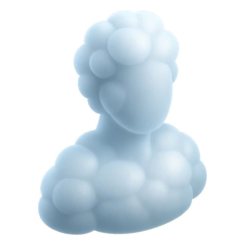 person made entirely of white fluffy convex clouds, shoulder up, front view, matte glass style sticker