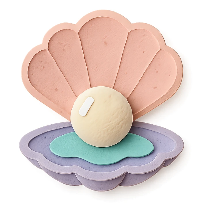 illustration of a clam shell open with a shiny pearl inside, soft pastel colors, paper-craft style sticker