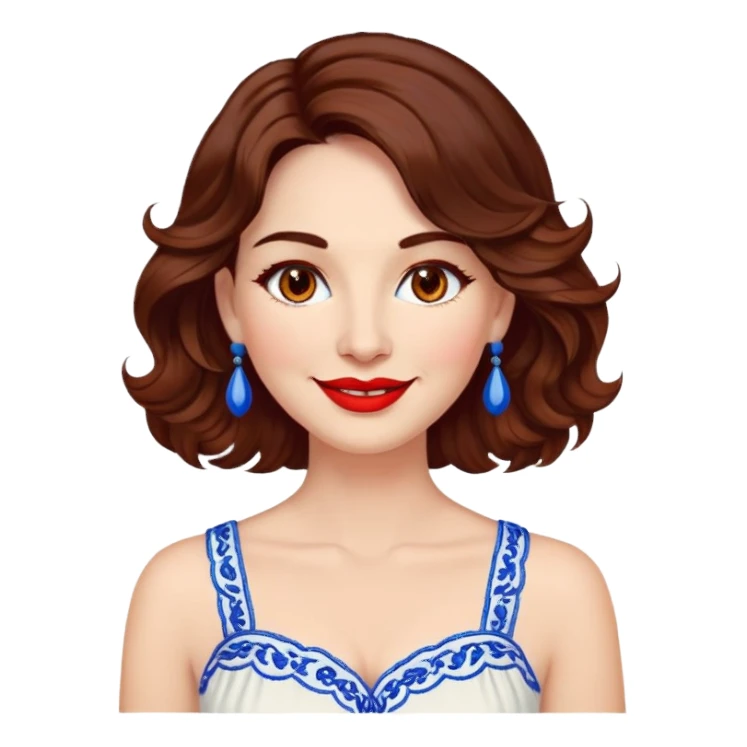 Artistic woman in her 40s with bright complexion, round face, big lively light brown eyes, wide friendly smile, vibrant red lips, voluminous wavy dark brown hair to shoulders, white summery dress with blue embroidery and electric blue neckline sticker