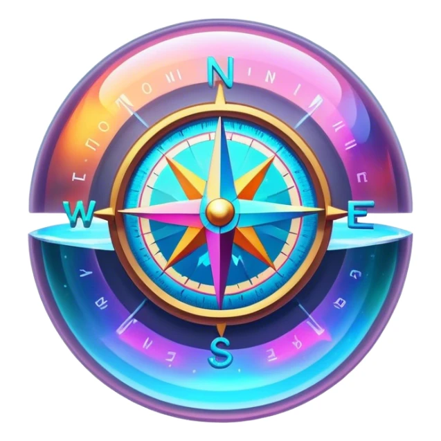 A glowing holographic compass with vibrant neon colors, inside a crystal-clear floating sphere sticker