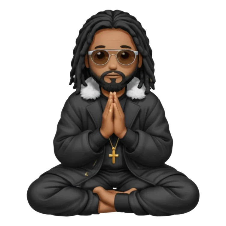 African American man with shoulder length black dreadlocks with black beard wearing black sunglasses wearing a black bubble winter coat praying on knees sticker