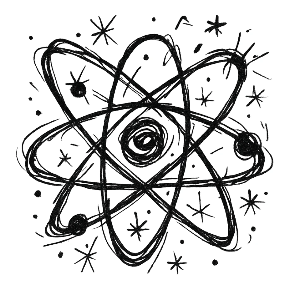 atomic symbol, black and white, chaotic outlined icon sticker