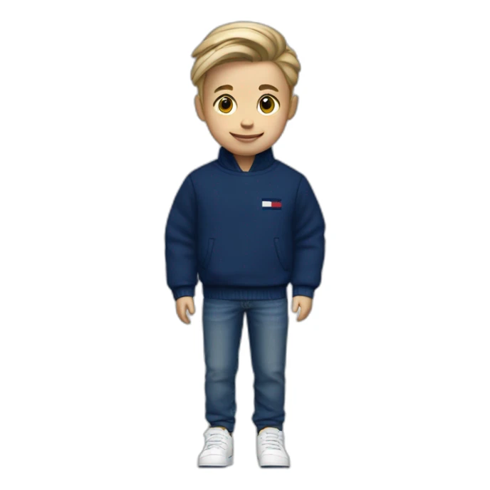 A child that is white with a dark blue tommy hilfiger sweater with a dark blue jean and adidas shoes sticker