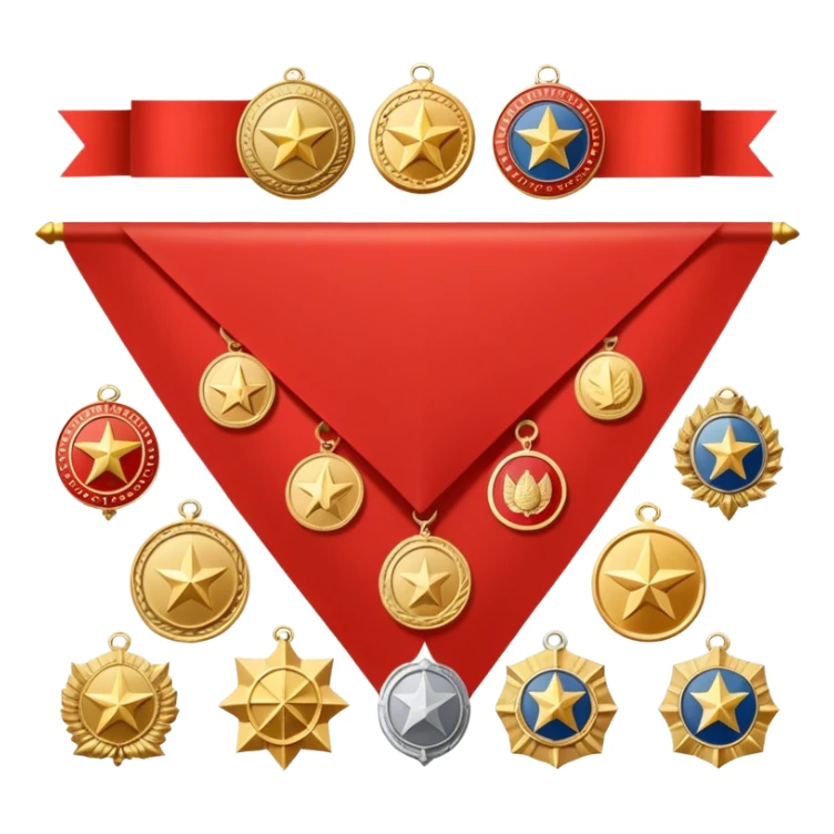 Icon for Collecting Orders, Medals & Badges: a variety of vintage orders, medals and badges, displayed neatly on a big red pennant or in a display case. The icon should reflect the honor and historical significance of these collectible items. Transparent background. sticker
