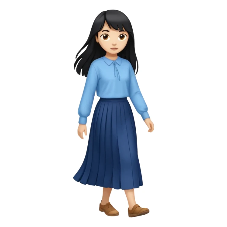 hair : black long hair with fringe 
skin : light 
cloth : oversize light blue shirt + navy long long skirt 
motion : walking  sticker