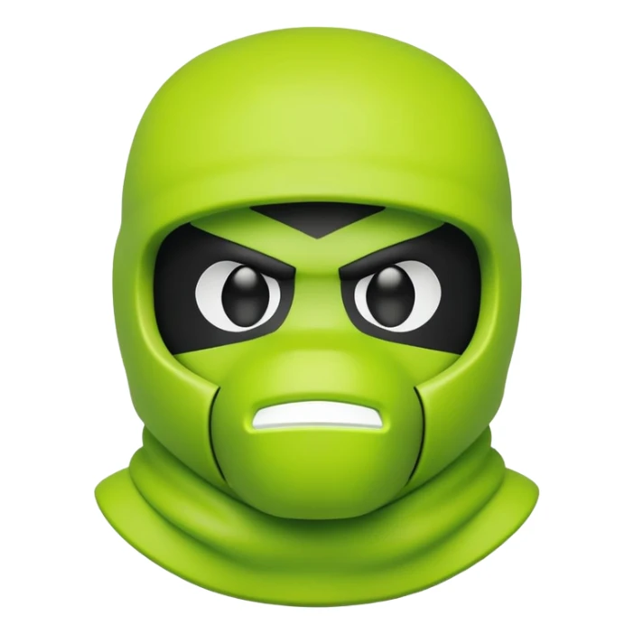 bearbrick toy wearing a lime green balaclava with angry aggressive thick eyebrows showing above the mask sticker