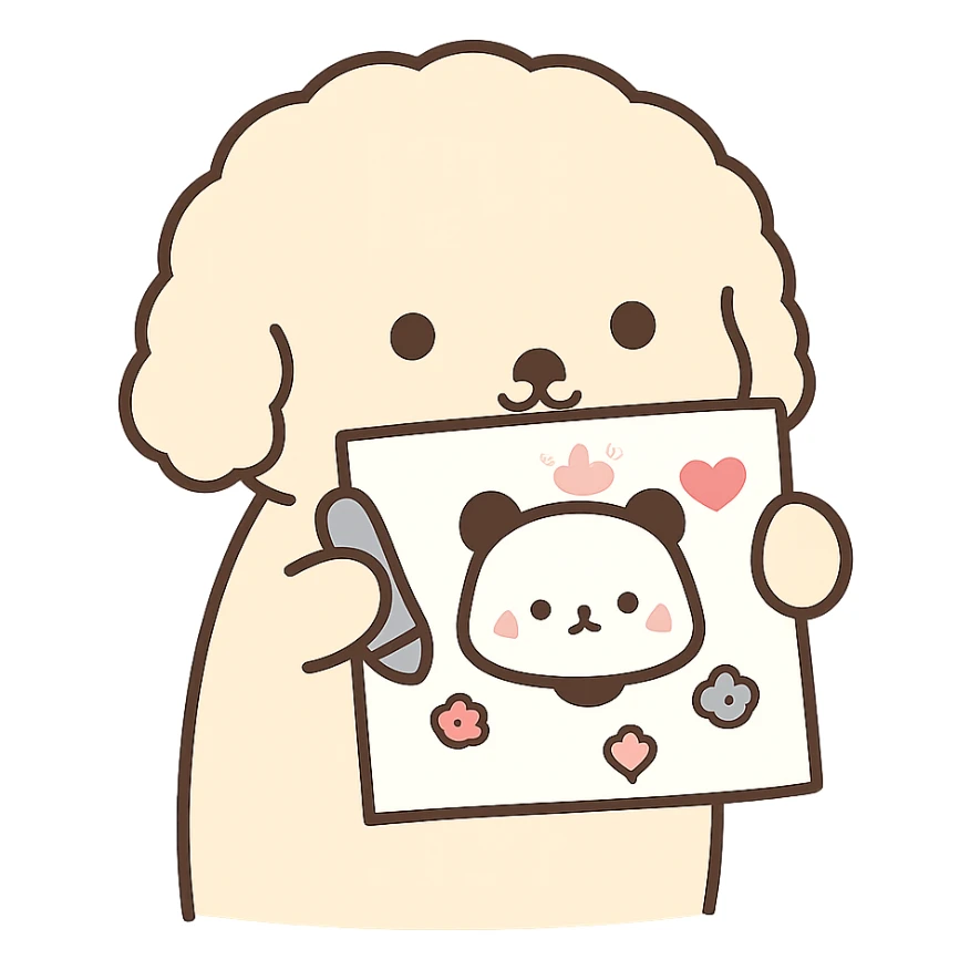 Transform the image into a WhatsApp sticker style by removing the background and leaving only the cute little dog holding the drawing. Add a white border around the dog for a sticker effect. Keep the style natural and clear for sticker use. sticker