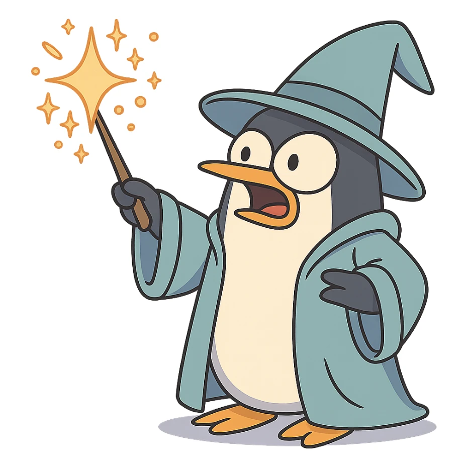 cartoon penguin wizard casting a spell with sparkles and a robe sticker