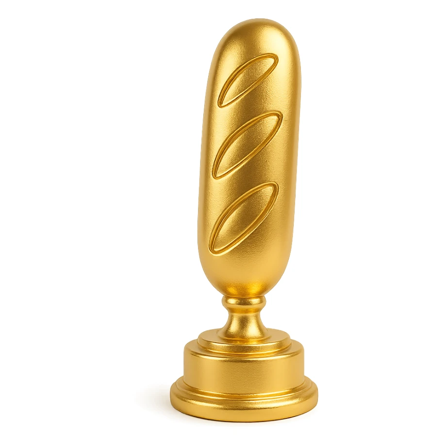 a baguette standing upright on a pedestal, trophy style, gold, cartoonish sticker