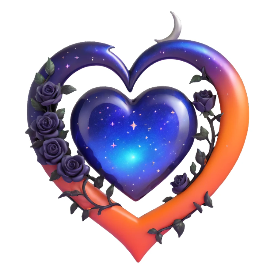 gothic heart made of midnight blue glass with a silver crescent moon, tiny black roses, shimmering stardust, rainbow iridescent effect sticker