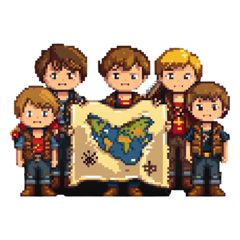 group of kids from the Goonies movie with treasure map sticker