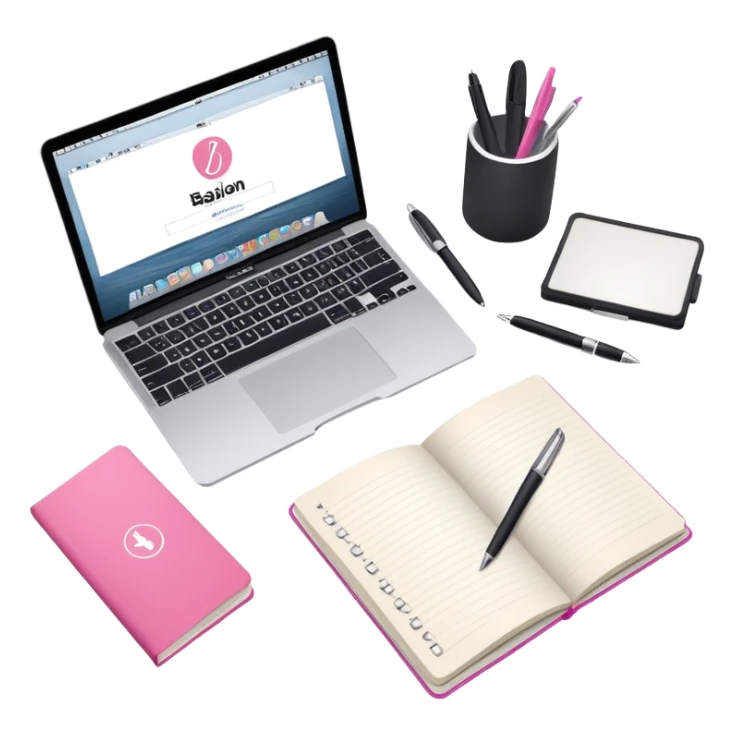top view of a MacBook with a beauty salon logo on the screen, a notebook with one page filled with notes, and a pen laying on the notebook sticker